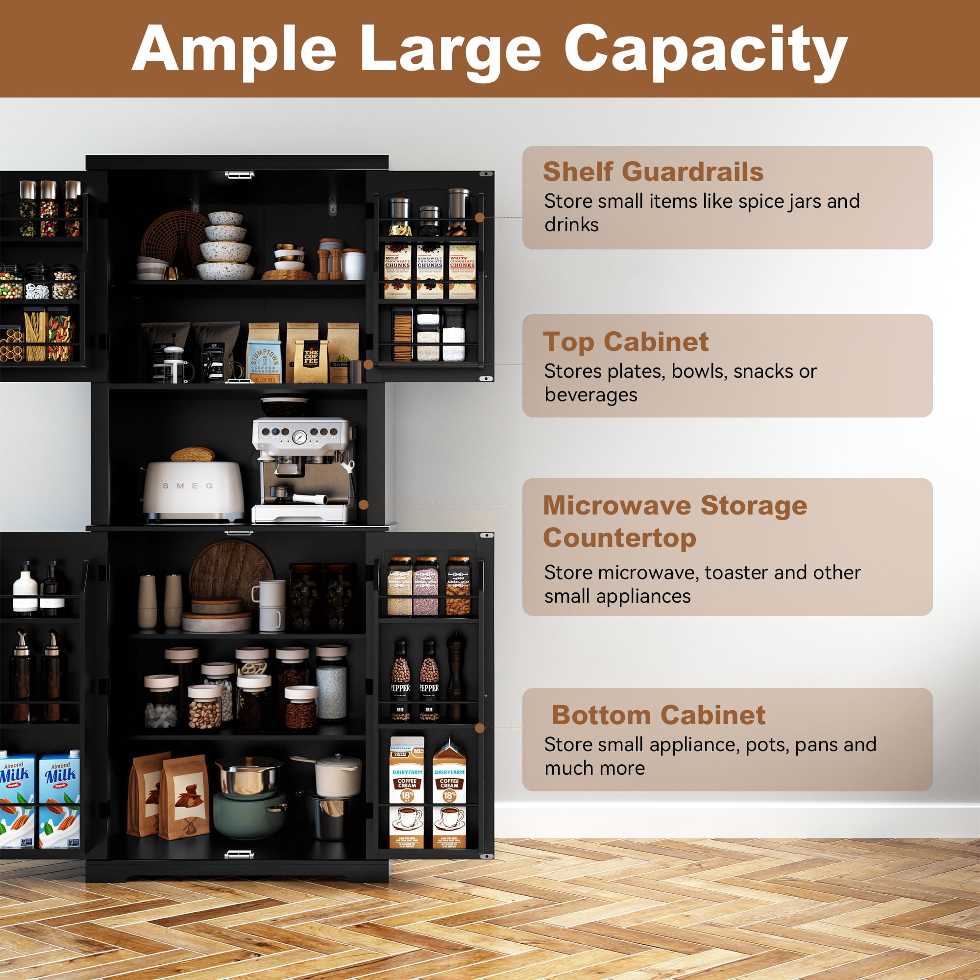 HLR 72" Kitchen Pantry Cabinet, Freestanding Pantry Storage Cabinet with Hutch & Shelves, Black