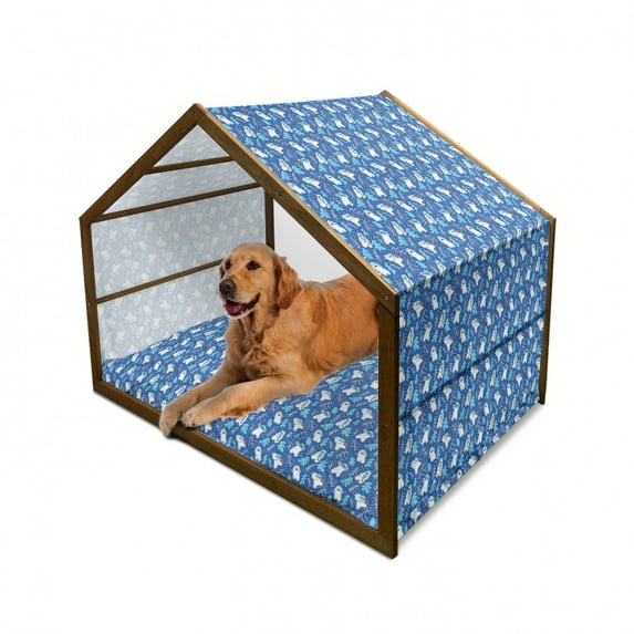 Northwoods Pet House, Polar Bear with a Fish and Arctic Coniferous Forest on Blue Backdrop, Outdoor & Indoor Portable Dog Kennel with Pillow and Cover, 5 Sizes, Coral Blue Sky Blue, by Ambesonne