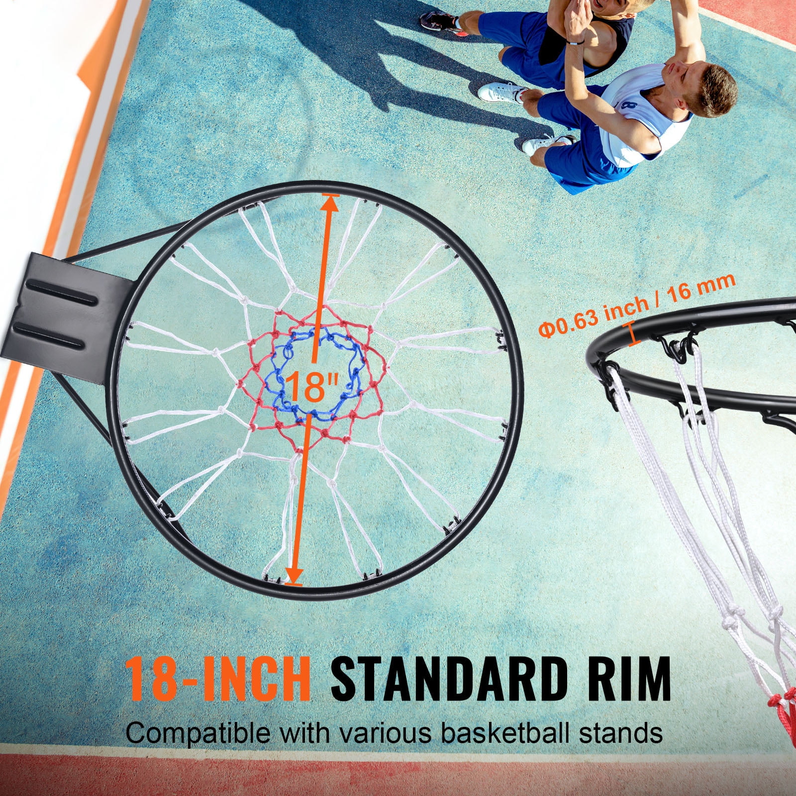KFFKFF Basketball Goal, Attachable to Wall or Door, Robust Q235 Basketball Flex Rim Substitute with Net, Conventional 18" Indoor and Outdoor Suspended Basketball Hoop for Children and Adults