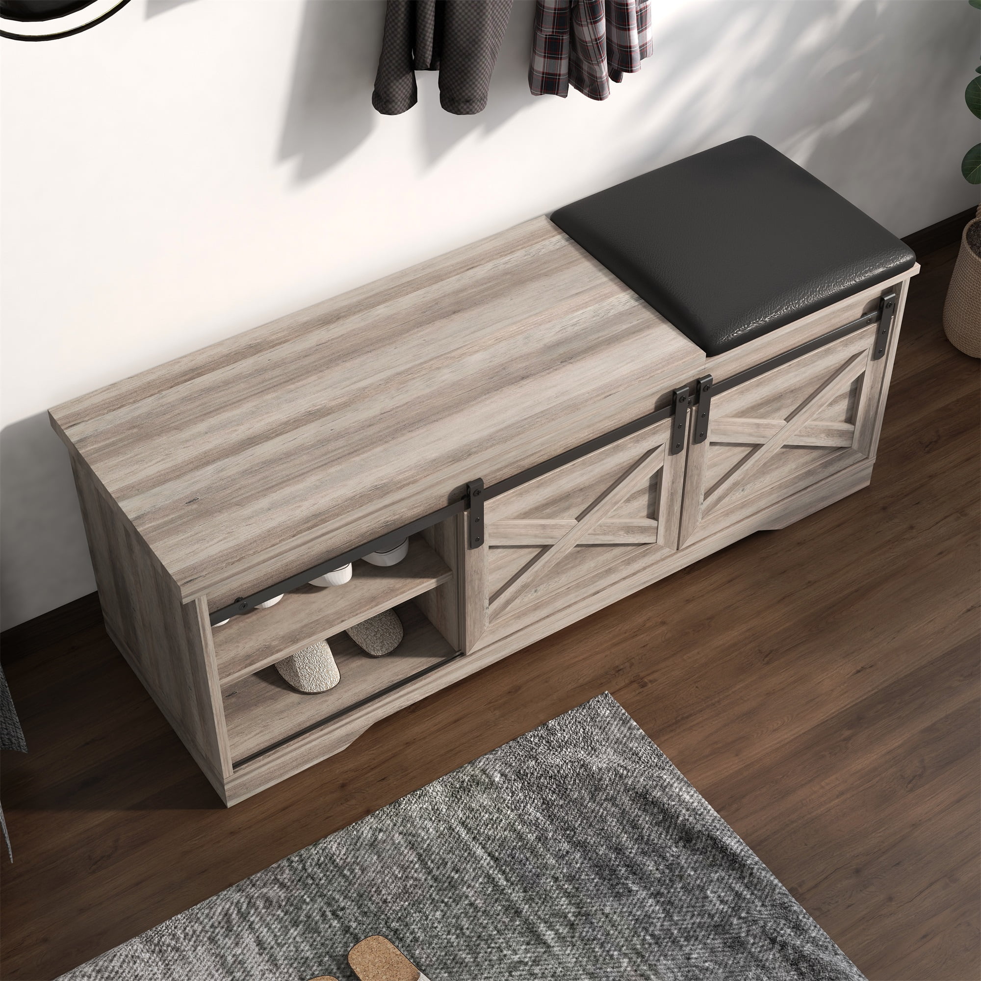 Kepooman Modern Farmhouse Sliding X Barn Door Litterbox Bench with Entry Cutout for Living Room, Grey Shoe Bench Kepooman Modern Farmhouse Sliding X Barn Door Litterbox Bench with Entry Cutout for Living Room, Grey Shoe Bench