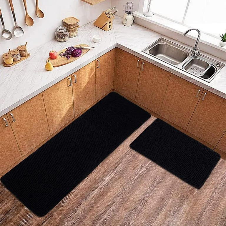 Kitchen Rugs and Mats [2 PCS], Non-Skid Kitchen Mat for Floor Bathroom Soft  Super Absorbent Kitchen Rug,Runner Mat Rug Set for Kitchen Floor Hallway  Laundry Doormat 20x30 +20x60 Black 