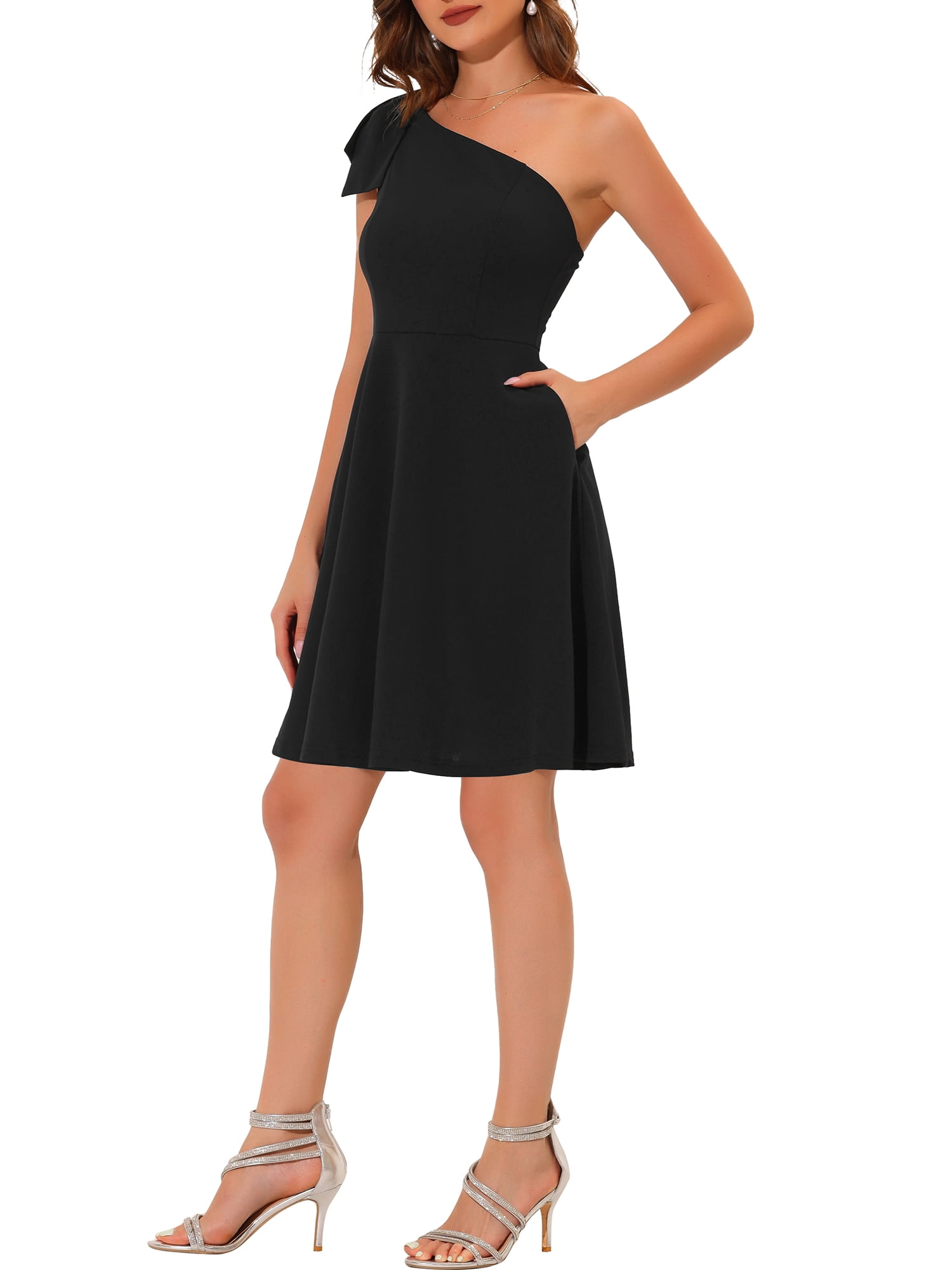 DARING DIVA Halloween Costume Bow One Shoulder with Pockets Swing Dress XS Black