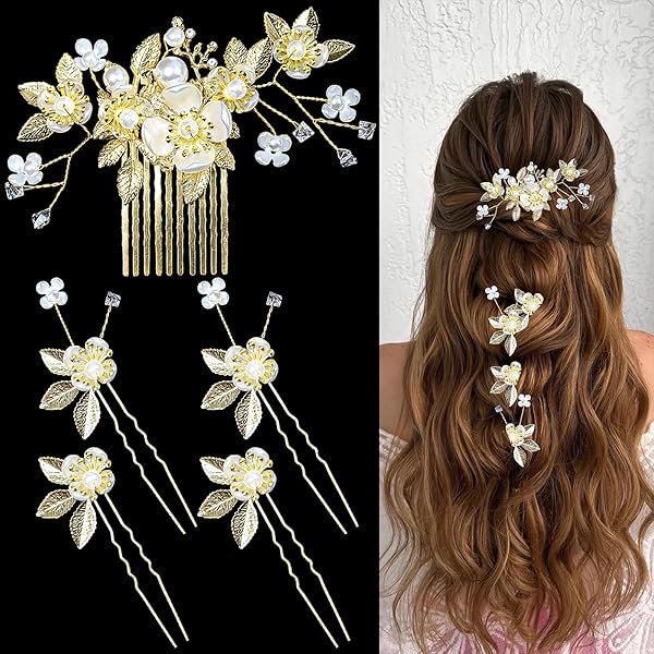 wonim44 Hair Comb and 4 Pieces Wedding Hair Pins, Gold Leaf Bridal Headpiece Crystal Pearl Hair Pins Clips Vintage Floral Hair Jewelry, Hair Accessories for Brides Bridesmaids Flower Girls