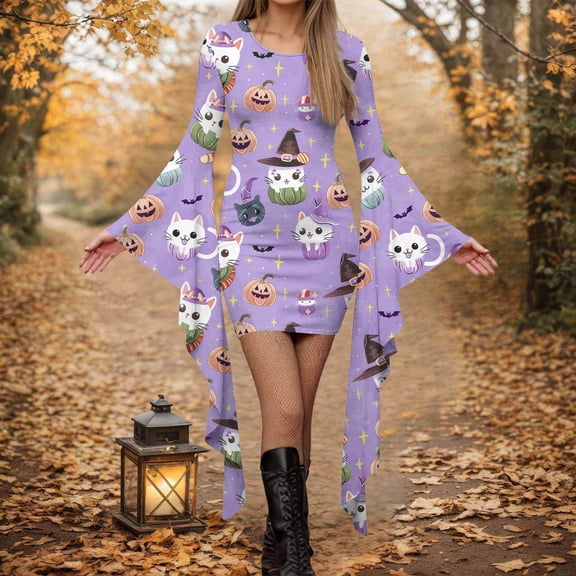 QIYAGBSA Halloween Dress for Women Soft Round Neck Cat Pumpkin Print Pointed Dramatic Sleeve Fitted Fall Party Long Sleeve