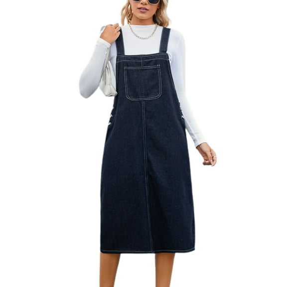 Defitshape Women's Overall Denim Dress Midi Strap Dress Jean Jumper Summer Sleeveless Casual Pocket Fashion Blue Medium