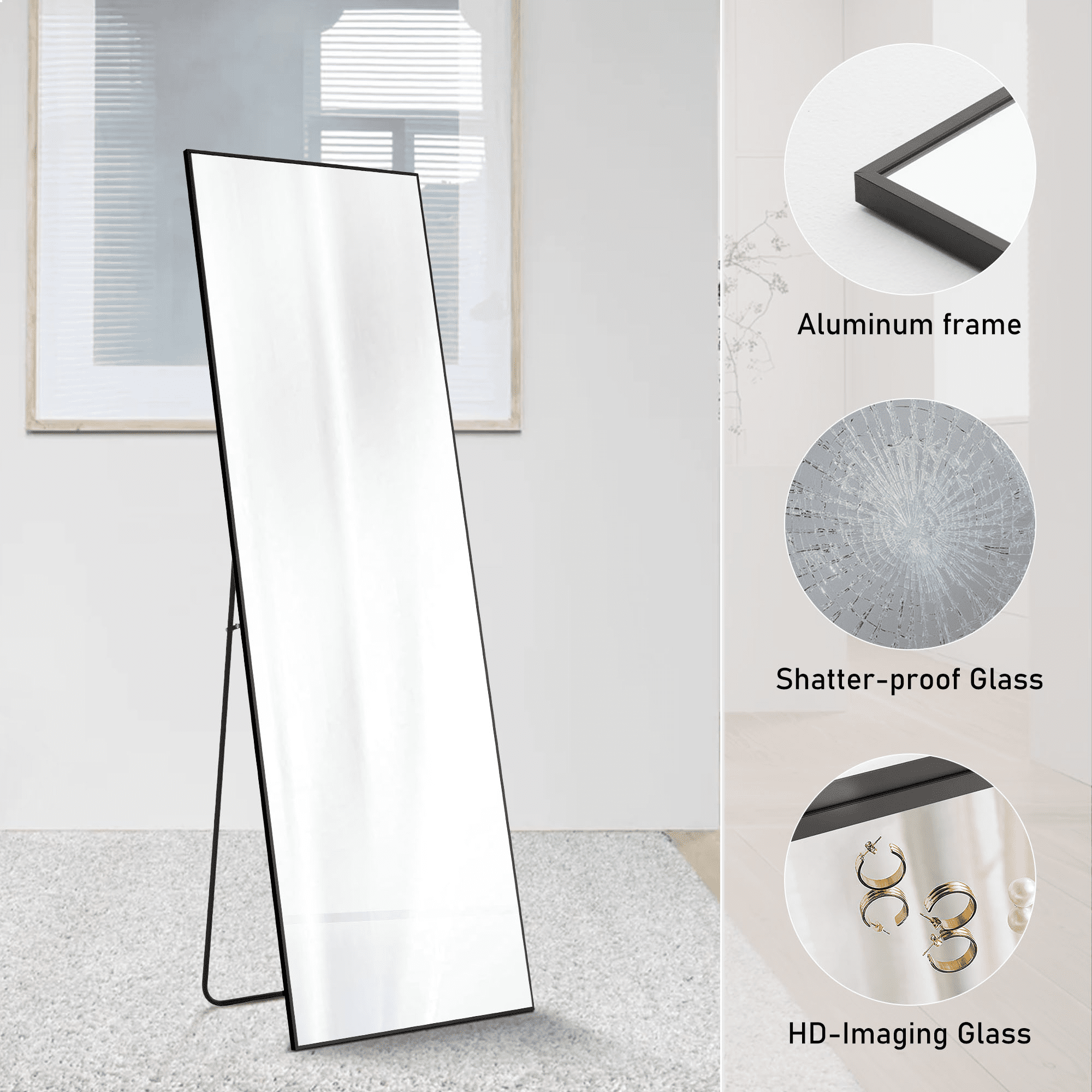 MAYEERTY 63"x20" Rectangular Full-Length Mirror - Floor Standing Full-Body Mirror, Black