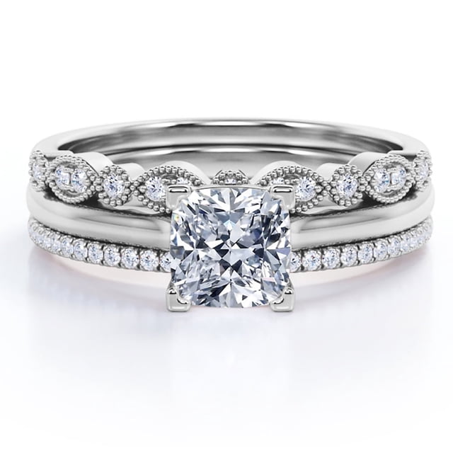 JeenMata Anillo Compromiso Solitario - Juego Anillos Boda Trío - Filigrana Art Déco Milgrain - Corte Cojín 2 Ct - Engaste Pavé 4 Puntas - Chapado Oro Blanco 18K sobre Plata
