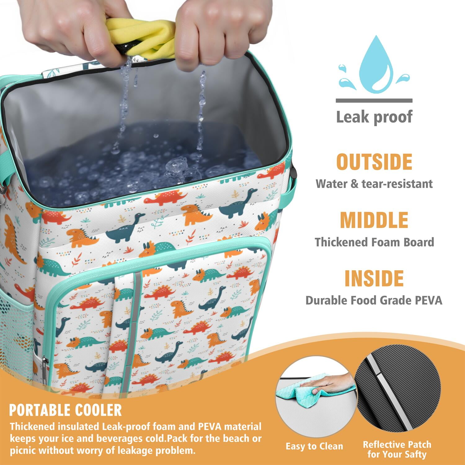 Travel Cooler Bag - White Cartoon Dinosaurs Pattern Camping Beer Cooler Backpack with Bottle Opener- Waterproof Insulated Picnic Backpacks - Cooler Bag for Beach