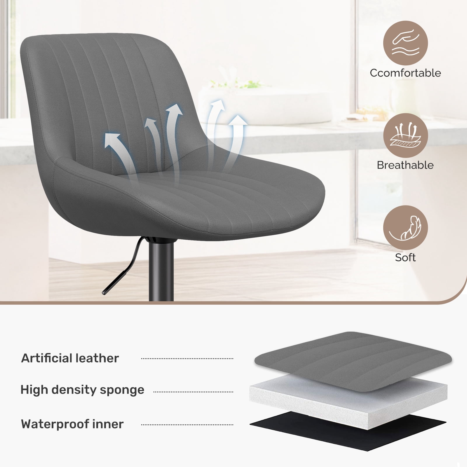 Daluvenix Adjustable Bar Stools Set of 4, Swivel Kitchen Bar Chairs with Back, Modern Tech Fabric Island Chairs for Home Kitchen, Dark Gray
