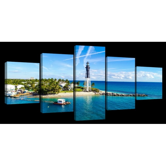 Elephant Stock Florida Lighthouse Point Wall Art - Horizontal Multi Panel Canvas - 5 Pieceliving Room Wall Decor - Photography Nautical Multi Panel - Blue And Green Decor - 29" x 12"