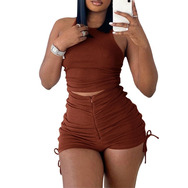 Txlixc Traje de 2 piezas para mujeres, chaleco sin mangas + pantalones cortos de cremallera de cintura alta Txlixc moda