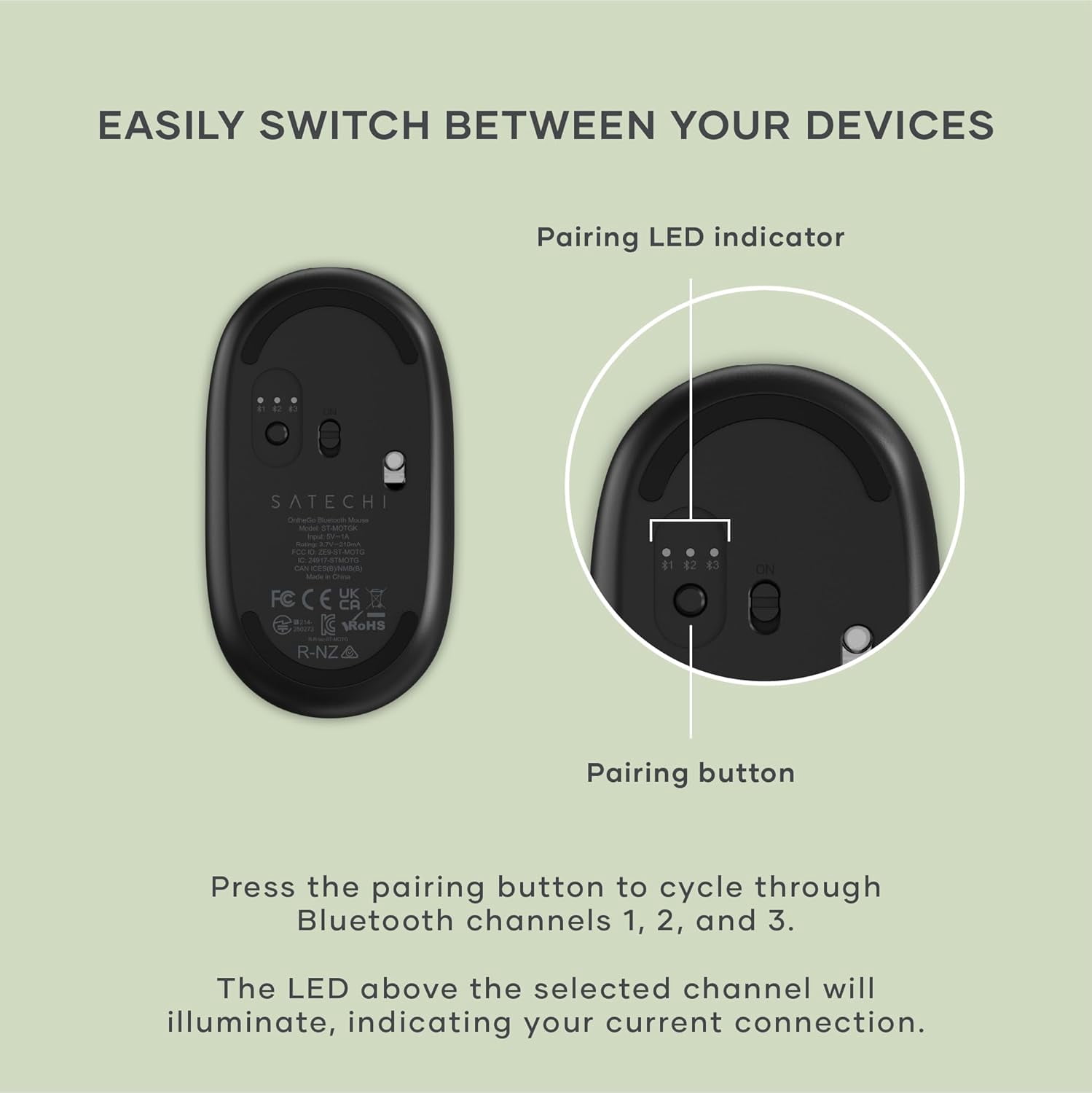 Satechi OntheGo Bluetooth Mouse with USB C Rechargeable Battery, Connect up 3 Devices, Compact and Portable Wireless Mouse for Laptop, Computer, Tablet - Black