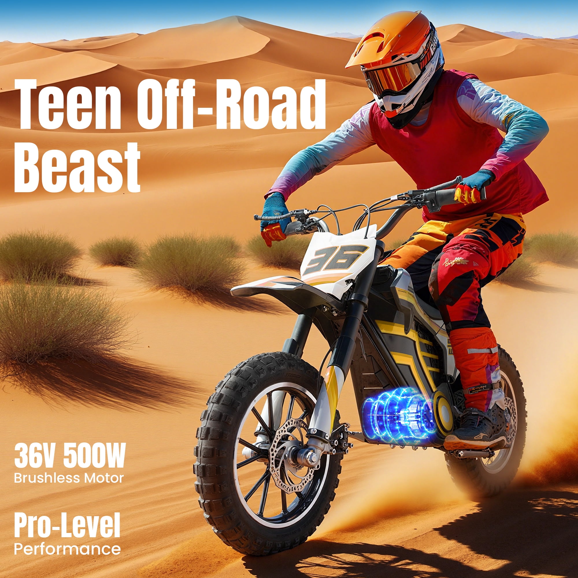 QEASET electric dirt bike, 500W kids dirt bike for Boys Girls Age 8-14, Yellow