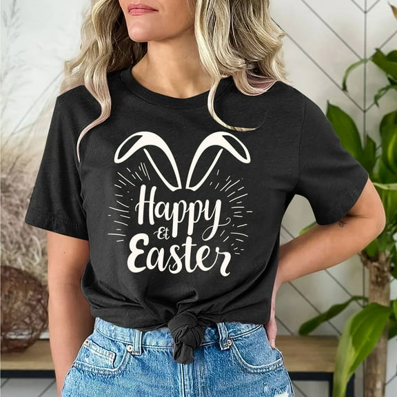 Cavosen Happy Easter Womens Short Sleeve Tops Dressy Summer Bunny Funny Letter Print Pullover Shirts Crewneck Festival Blouse Vacation Holiday T Shirts Loose Tees Black S