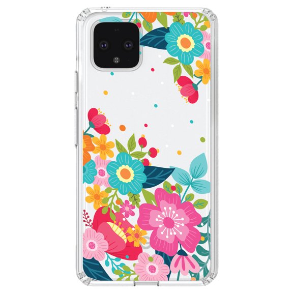 DistinctInk Clear Shockproof Hybrid Case for Google Pixel 4 (5.7" Screen) - TPU Bumper, Acrylic Back, Tempered Glass Screen Protector - Bright Colored Flowers and Dots