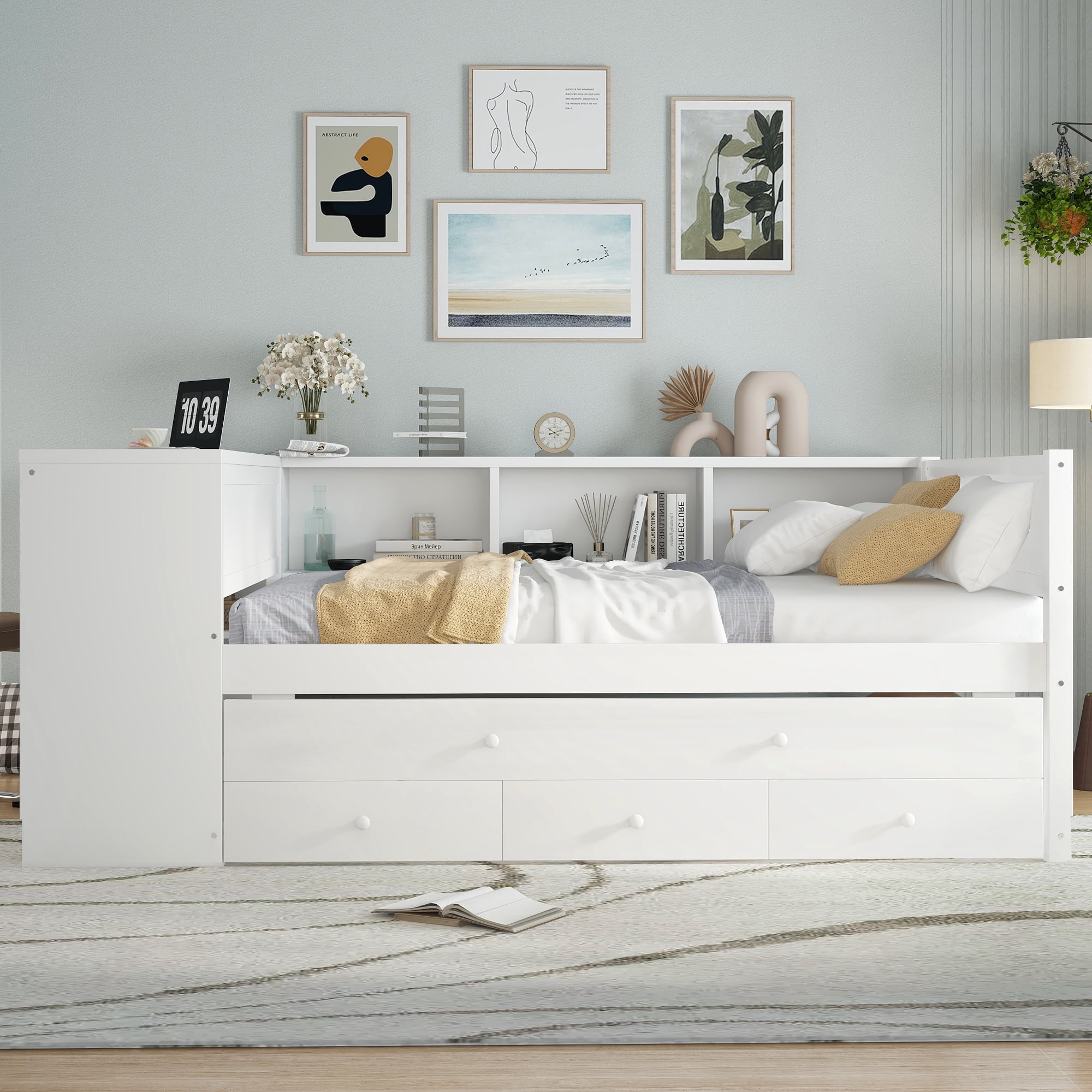 Mintazer Full Wood Platform Bed with Desk & Trundle, Multifunctional Storage Daybed with 5 Side Shelves & 3 Drawers for Bedrooms Guest Rooms for Teens Kids, White