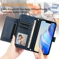 thumbnail image 5 of Multi-Functional Wallet Case for iPhone 16 Pro Max, Card Slots Retro PU Leather Shockproof Flip Cover with Card Slots Zipper Pocket Kickstand Magnetic Wrist Strap & Shoulder Strap - Blue, 5 of 16