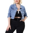 thumbnail image 1 of Women Plus Size Button Closed Cropped Denim Jacket Blue Gray 2X, 1 of 6