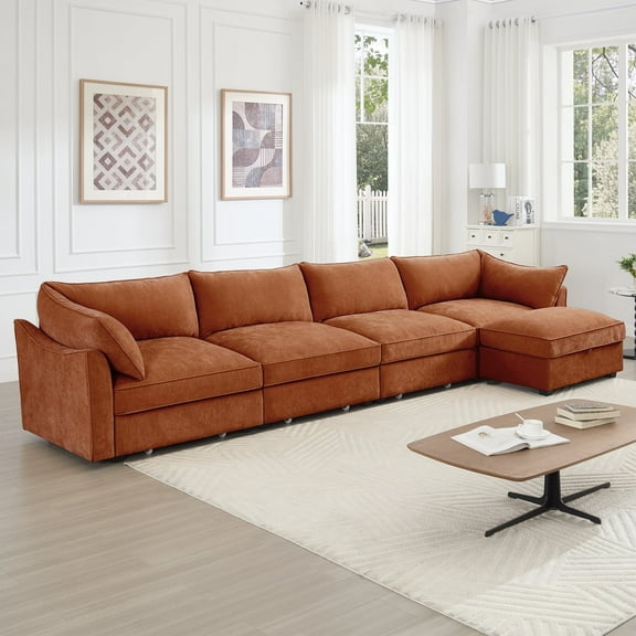 CKEASEAN 146.4" Oversized Modular Sectional Sofa 4-Seater with Back Cushions & Pull Out Storage Drawer Under Seat, Chenille L-Shaped Cloud Couch with 1 Movable Ottoman for Living Room