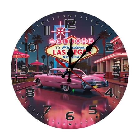Neon Sign Vintage Car Las Vegas Wall Clock 10 Inch Silent Non Ticking Round Wooden Clock Decoration for Living Room Kitchen Bedroom Bathroom Office Classroom