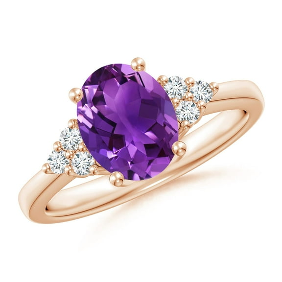 ANGARA Natural Solitaire Oval 1.6 ct Amethyst Ring with Trio Diamond Accents in 14K Rose Gold for Women (Size-9x7mm) | February Birthstone, Anniversary, Jewelry Gift for Women | Natural Amethyst Ring