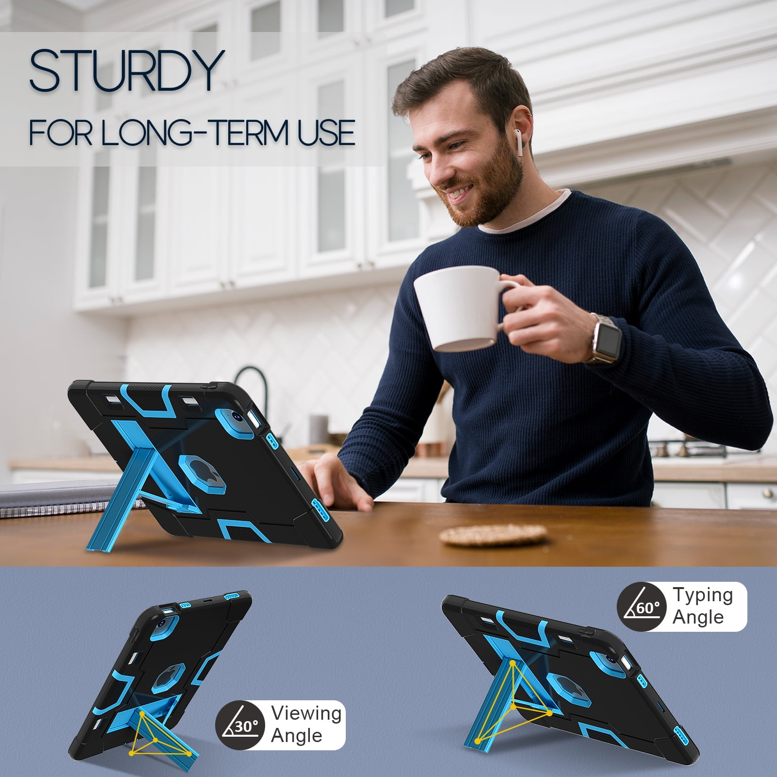 ELEHOLD for iPad Air 11 Inch Case 2024 Release, iPad Air 11 (M2) Case with Pencil Holder and Kickstand, Heavy Duty Shockproof Protective Cover,Black+Blue
