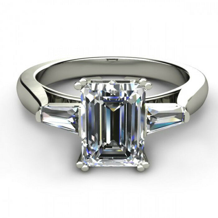 HeartsAndYou 2ct Emerald Cut Moissanite Baguette Accent Engagement Ring for Women 18k White Gold over Silver