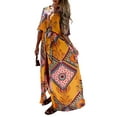 thumbnail image 1 of QELUSQELUS Women Boho Sundress V Neck Short Sleeve Buttons Ethnic Holiday Belted Dress, 1 of 3
