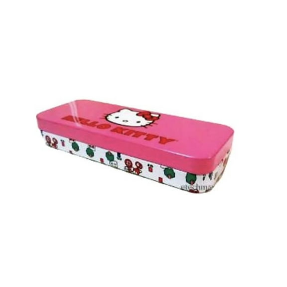 Hello Kitty Hugging a Teddy Bear Pink Heart Pattern Tin Pencil Box