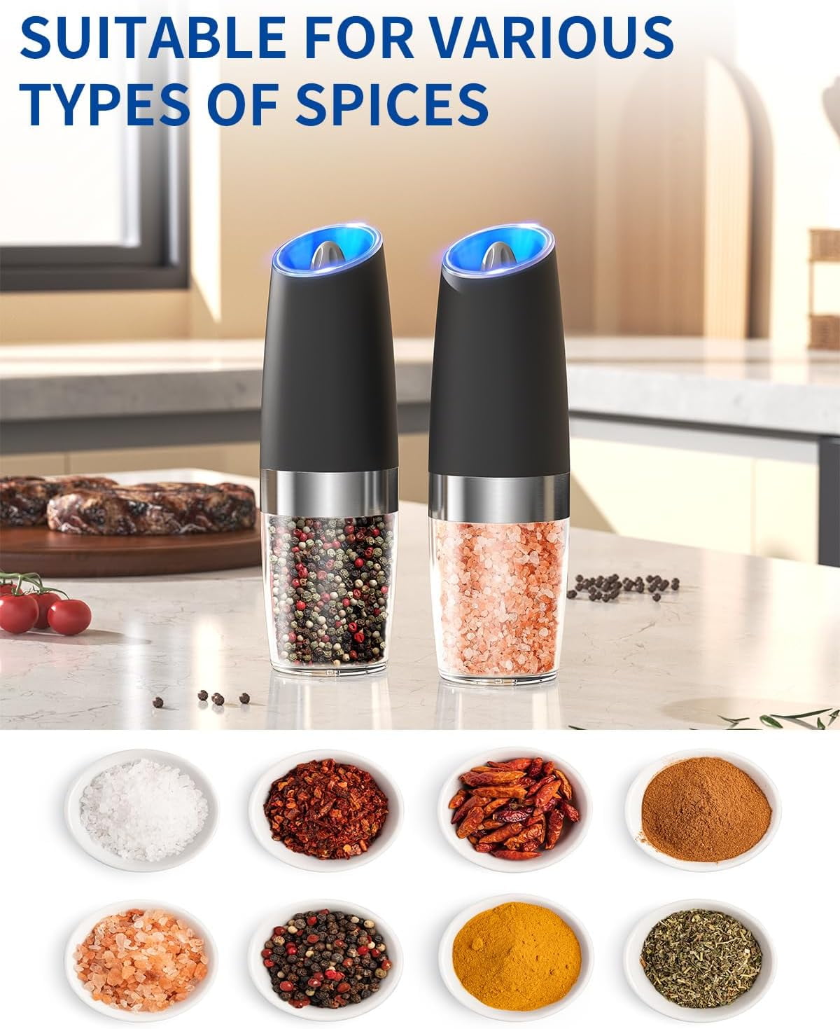 2Pcs Graviry Electric Salt and Pepper Grinder Set Automatic Salt and Pepper Grinder Set with LED Light, Battery Operated, Adjustable Coarseness, Large Capacity, for Home Kitchen BBQ
