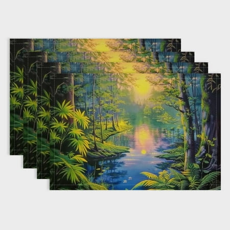

Fenyluxe Forest River Sun Linen Cloth Placemats for Dining - Set of 4 Heat-Resistant Table Mats Ideal for Home Decoration and Various Occasions 18x12in
