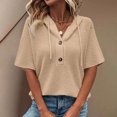 thumbnail image 4 of Waffle Knit Tops for Womens Trendy Summer Short Sleeve Drawstring Hoodies Button V Neck Tee Shirts, 4 of 8