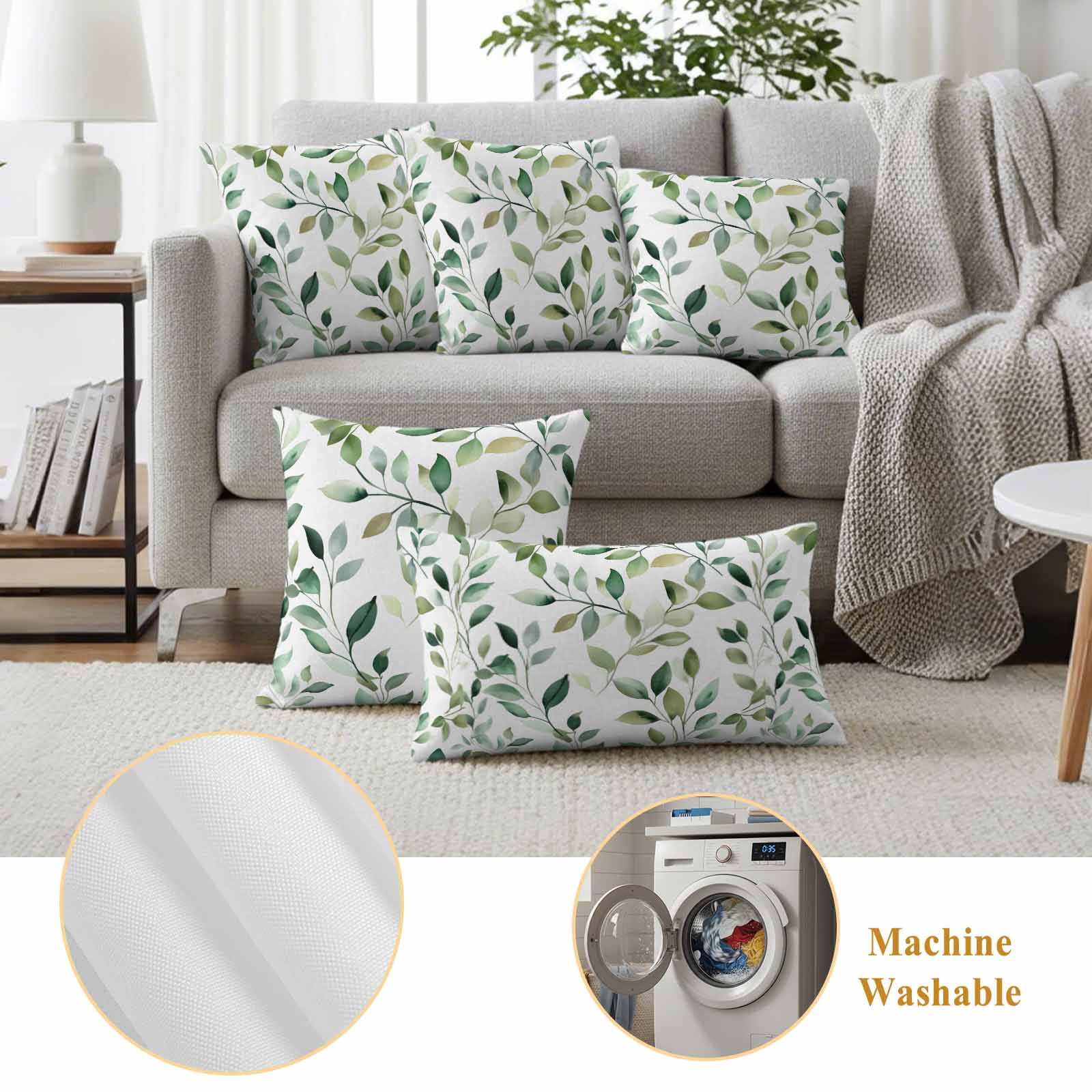 Sage Green Eucalyptus Leaf Pillow Covers 2 Pack Green Leaves Pillowcase Waterproof Outdoor Throw Pillow Cover for Patio Garden Square Cushion 18”x18”