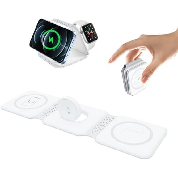 Saluqifa Charging Station for Apple Multiple Devices - 3 in 1 Foldable Magnetic Wireless Charger - Travel Charging Pad for iPhone 15 14 13 12 Pro Max Plus Watch & Airpods White