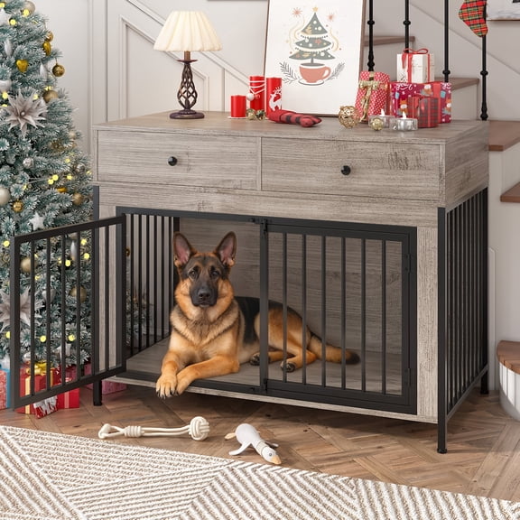 44" Wooden Dog Crate Furniture, Modern Heavy Duty Dog Kennel with 2 Storage Drawers, Furniture Style Indoor Dog House with Lockable Latch, Dog Cage End Table for Small/Medium/Large Dogs