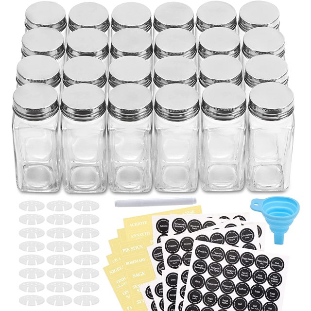 Aozita 24 Piezas de Tarros/Botellas de Especias de Vidrio - Contenedores Cuadrados Vacíos de 4 oz con Etiquetas de Especias - Agitar