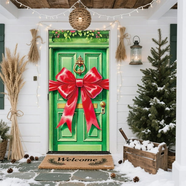 Seyotauo Merry Christmas Door Cover 35x71 Christmas Gift Box Present Hanging Banner Decoration Winter Holiday Bow Window Door Cover Stripes Ornaments Year Party Home Wall Outdoor