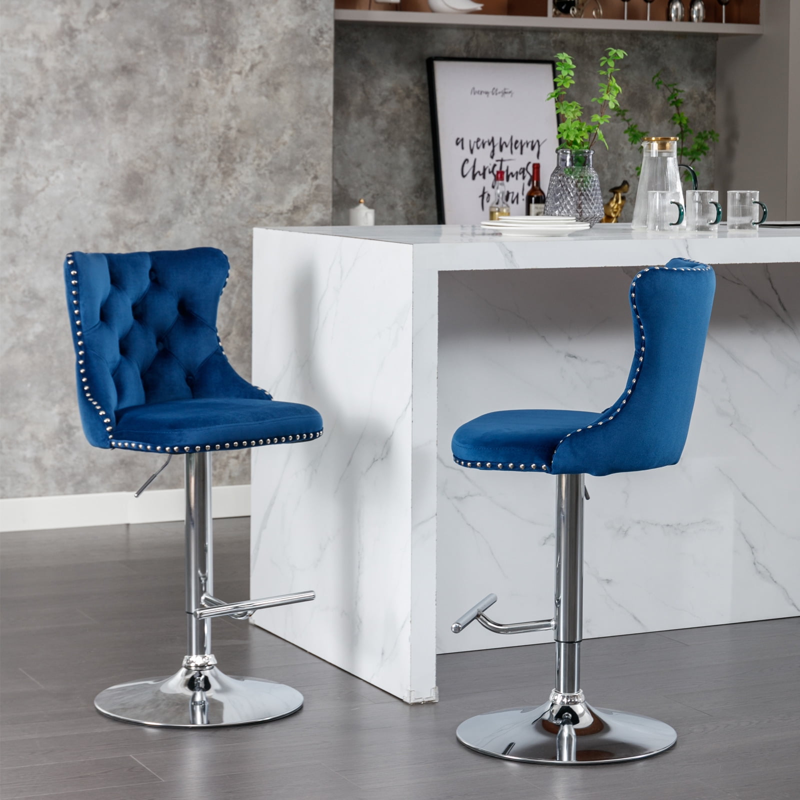 MAYEERTY Swivel Velvet Barstools - Adjustable Seat Height 25-33 Inch, Chrome Base, Tufted Backs, Blue, Set of 2