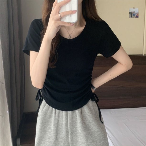 Camiseta de manga corta entallada con cuello redondo y cordón, sencilla y única, de corte entallado, a la moda