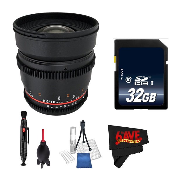 Rokinon 16mm T2.2 Cine Lens for Nikon F # CV16M-N + MicroFiber Cloth + Dust Blower + Lens Pen Cleaner + Deluxe Cleaning Kit + 32GB SDHC Class 10 Memory Card Bundle