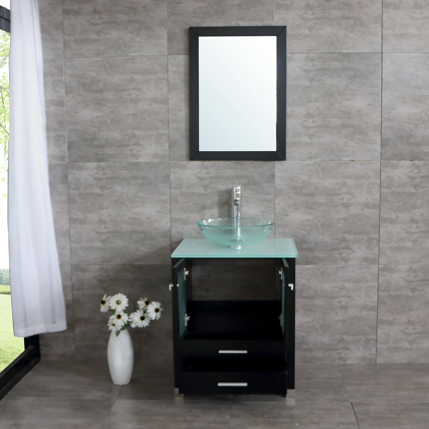 Wonline 25" Single Bathroom Vanity Cabinet Solid Wood w/ Glass Sink Faucet Mirrors
