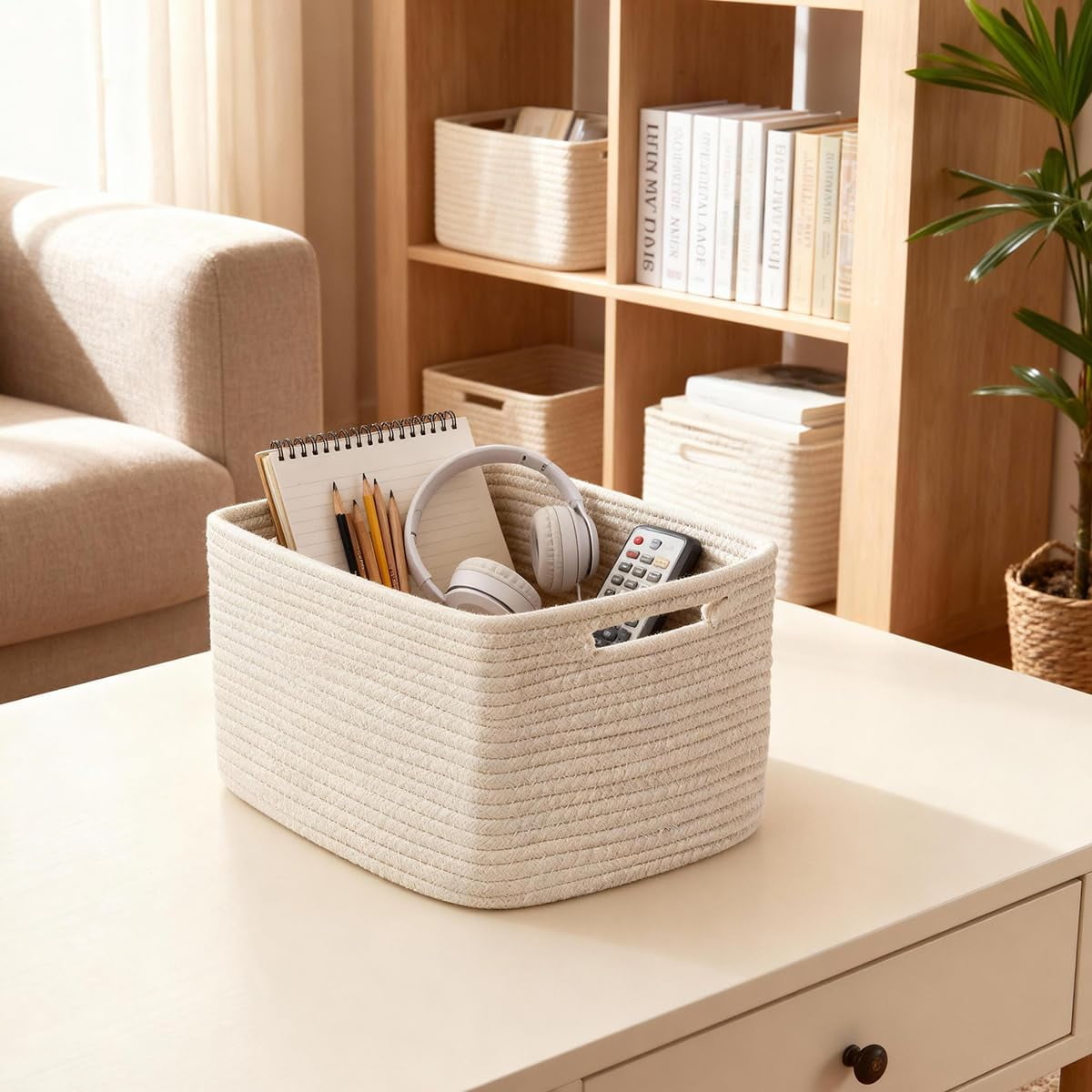 Woven Storage Baskets for Shelves, Decorative Basket Organizer Storage Bins for Toys, Books, Clothes, Closet, Nursery, Bathroom – Cotton Rope Shelf Baskets for Organizing, Khaki & White