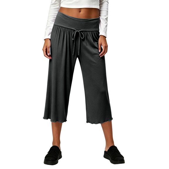 WULMLEO Capri Pants for Women Wide Leg Lounge Yoga Cropped Pants Summer Casual Loose Capris with Pockets Gray S