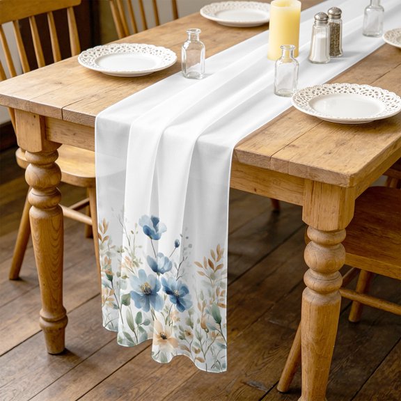 Blue Flowers 4.5ft Cheesecloth Table Runner for Dining 19"x55", Watercolor Wildflowers Plants Botanical Kitchen Dinner Sheer Tulle Chiffon Dresser Scarf, Holiday Party Decorations