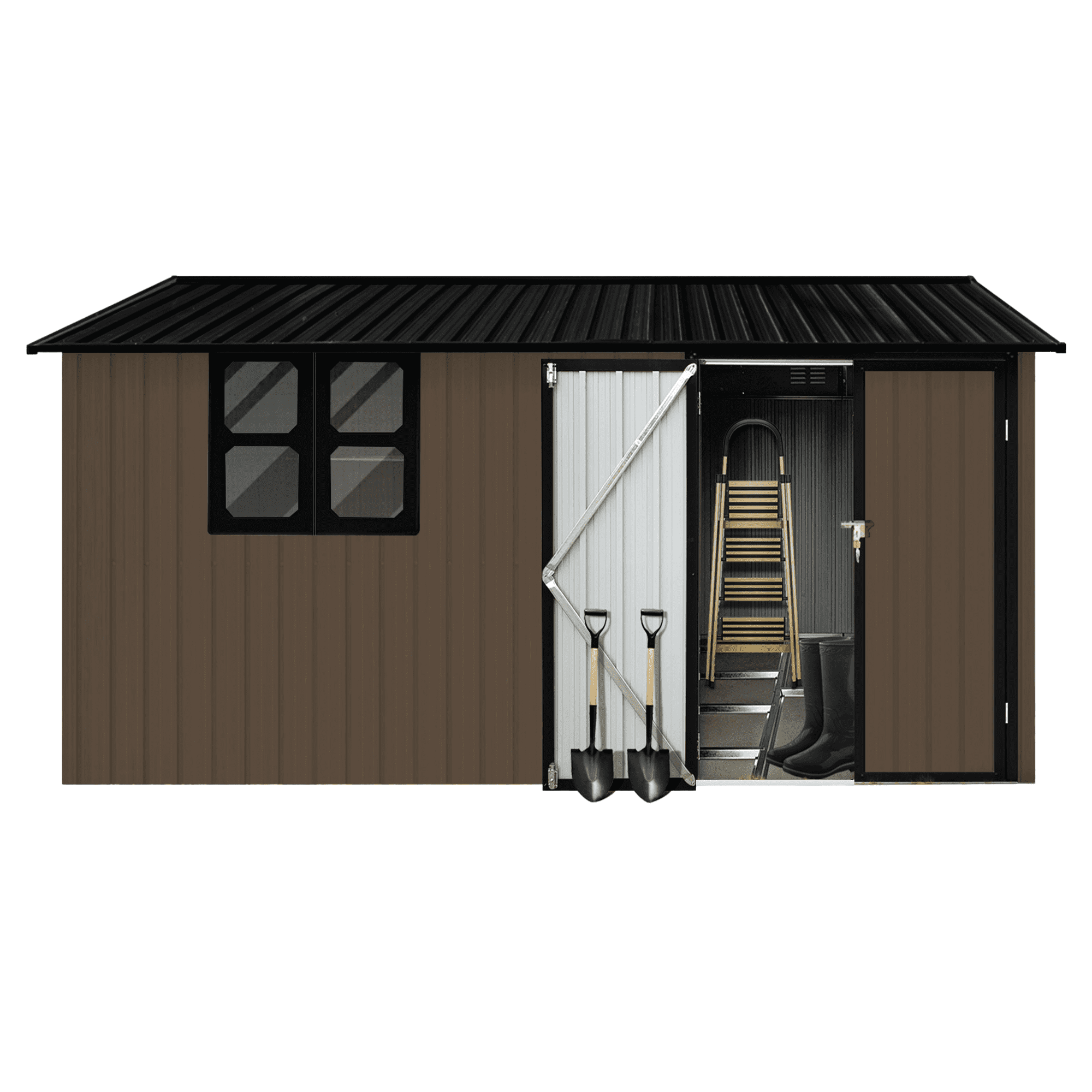 Aukfa 10 x 12FT Outdoor Storage Shed with Lockable Door, Metal Garden Tool Shed with Window & Sloped Roof for Backyard, Patio and Backyard, Brwon