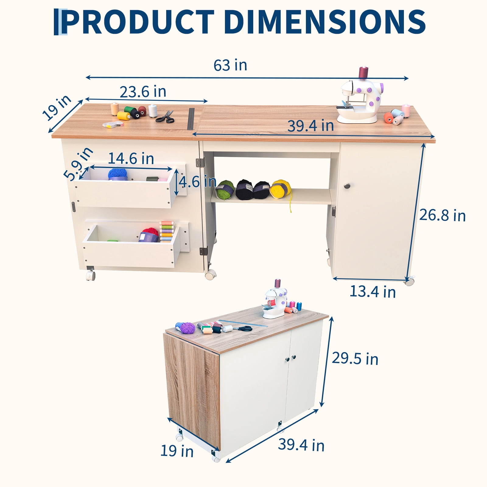 Gaderth Folding Sewing Table, Multipurpose Portable Craft Station & Side Desk with Caster Wheels, Storage Shelves, 2 Storage Trays, Magnetic Doors