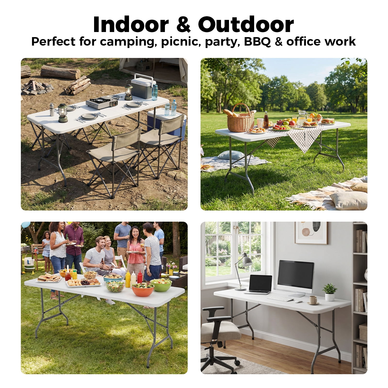 Alvantor Heavy Duty Folding Table Indoor Outdoor, Portable Camping Table, White