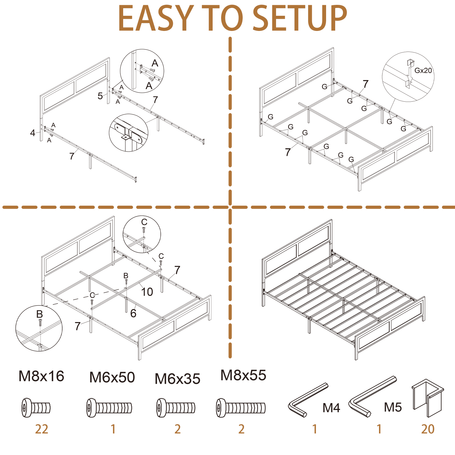 Vipbear Brown Sturdy Heavy-Duty Metal Queen Size Bed Frame With Headboard And Footboard, 10in Under-Bed Storage,Concealed Screw,Quiet,Easy To Assemble