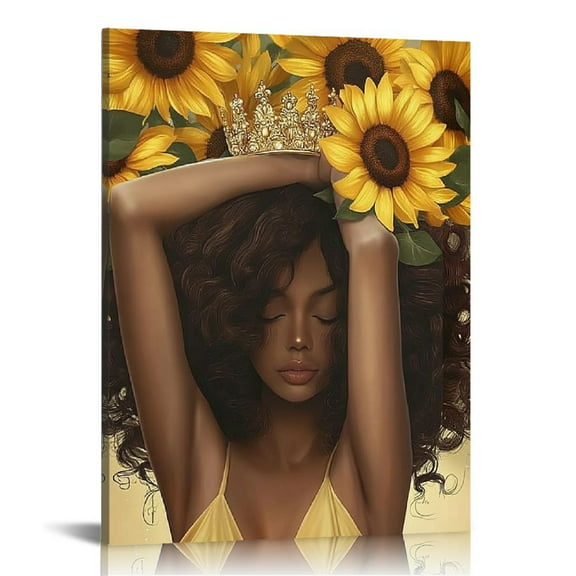 African American Wall Art with Crown Yellow Sunflower Canvas Prints Black Woman Picture Inspirational Artwork for Girls Bedroom Decor