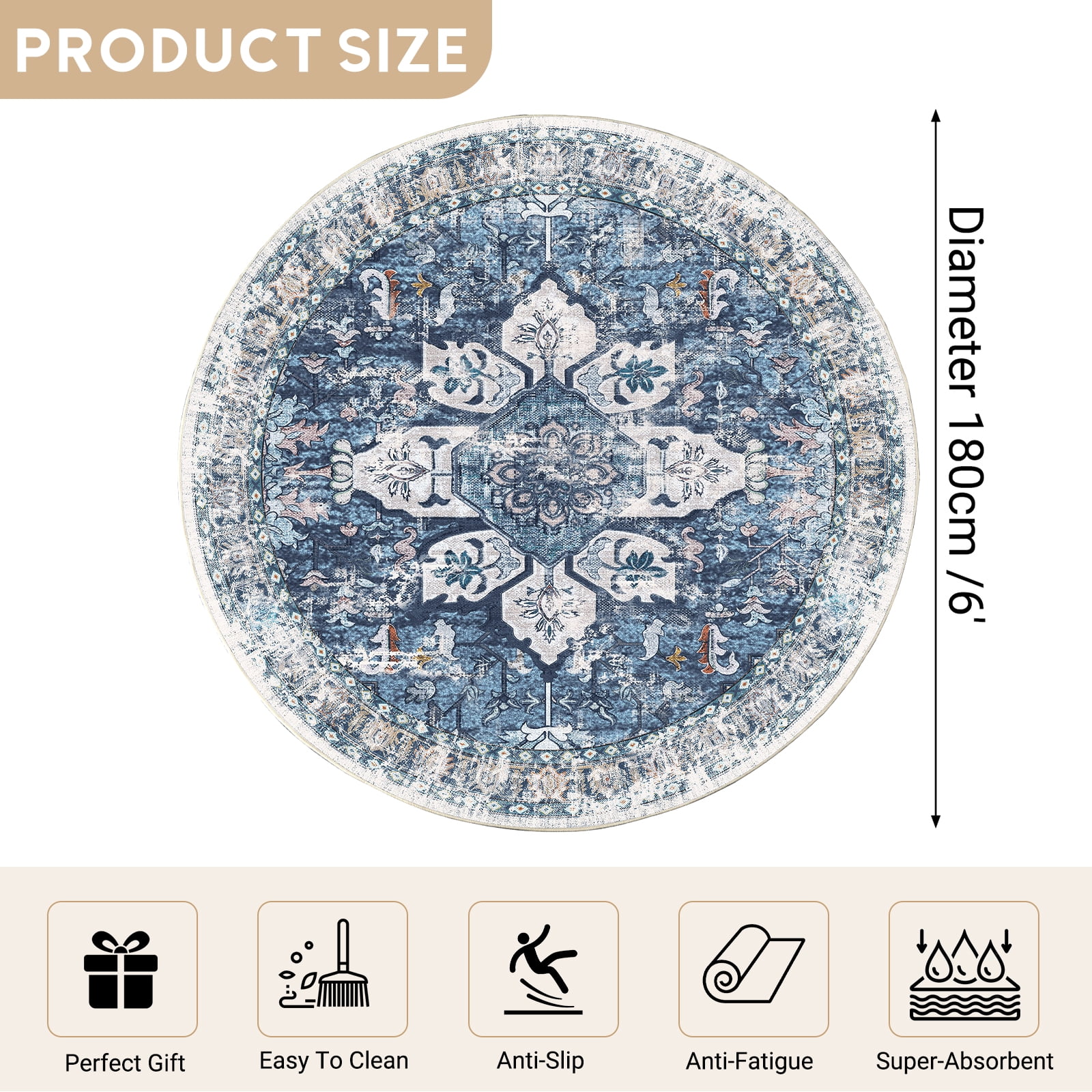 Vintage Area Rugs,Soft Washable Distressed Thin Rugs for Living Room Bedroom,Non-Slip Foldable Indoor Carpet,6' Diameter Navy Blue